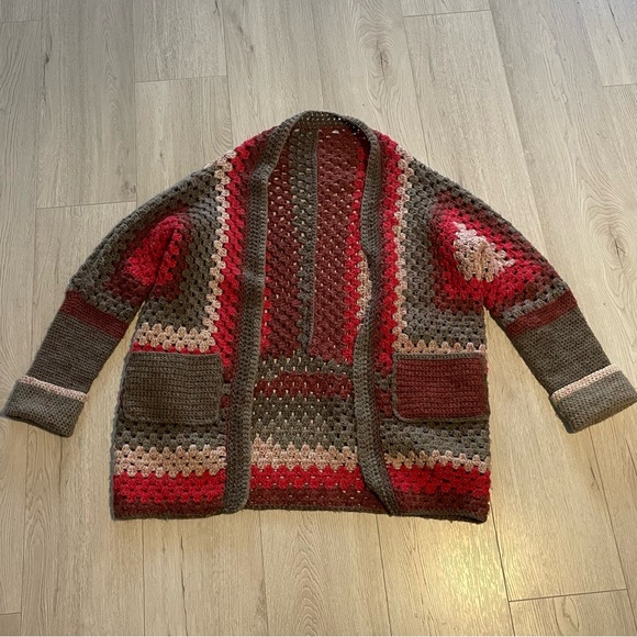 Handmade Sweaters - Handmade Crocheted Granny Square Red & Grey Cardigan